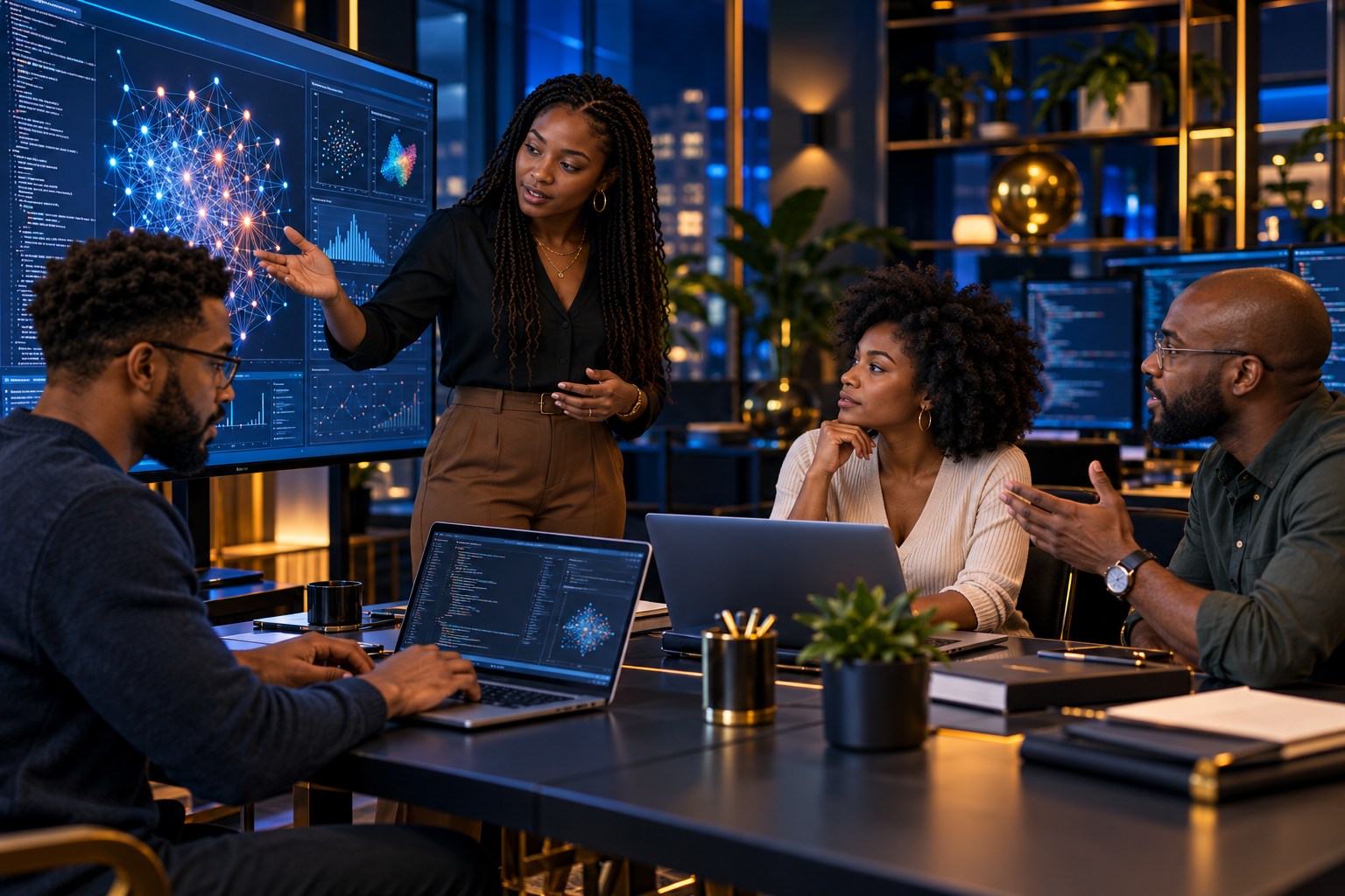 Conceptual image of Black men and women collaborating on coding and machine learning